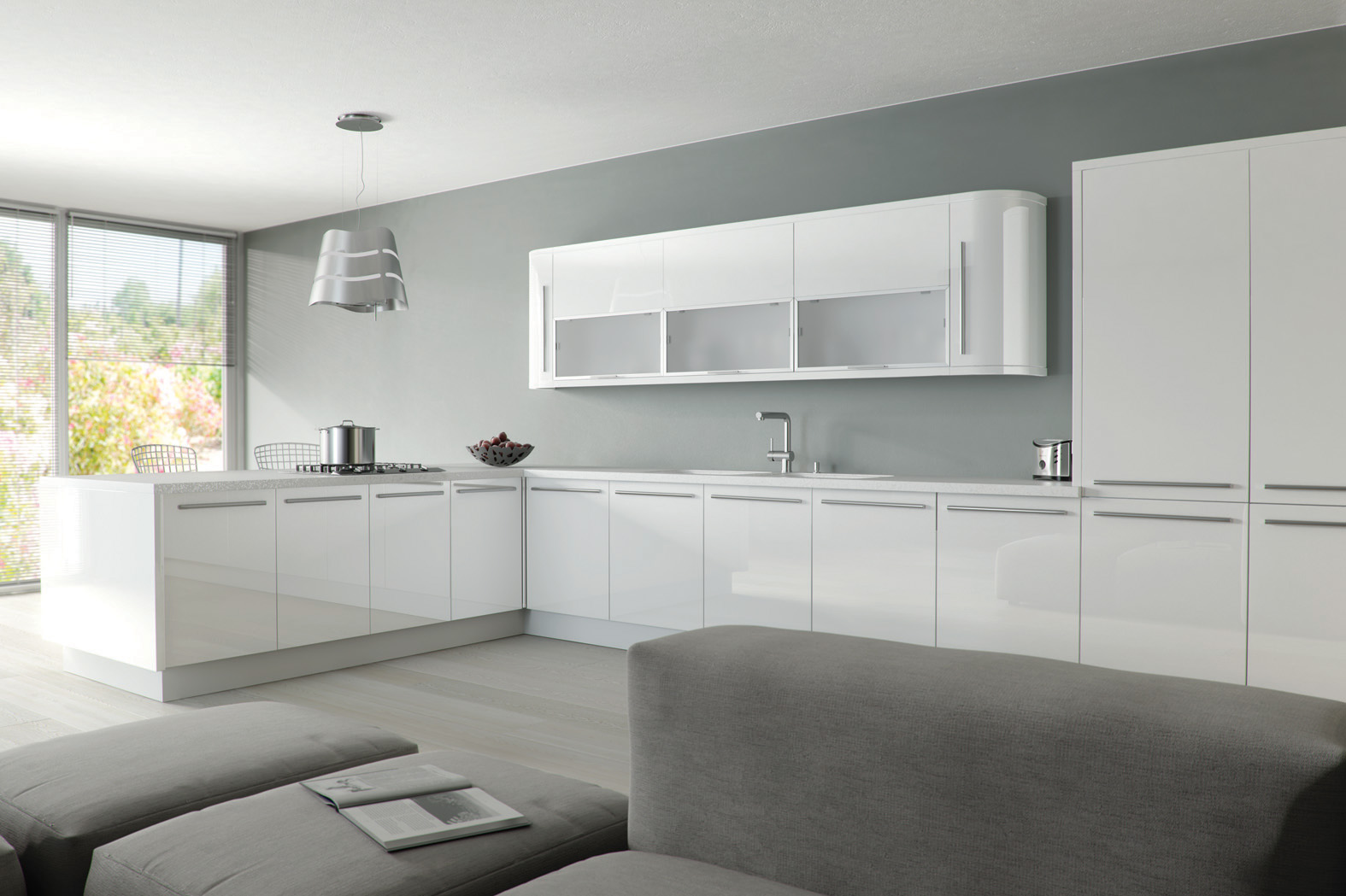 Bright contemporary kitchen design featuring glacier white gloss acrylic cabinets and soft-closing drawer units.